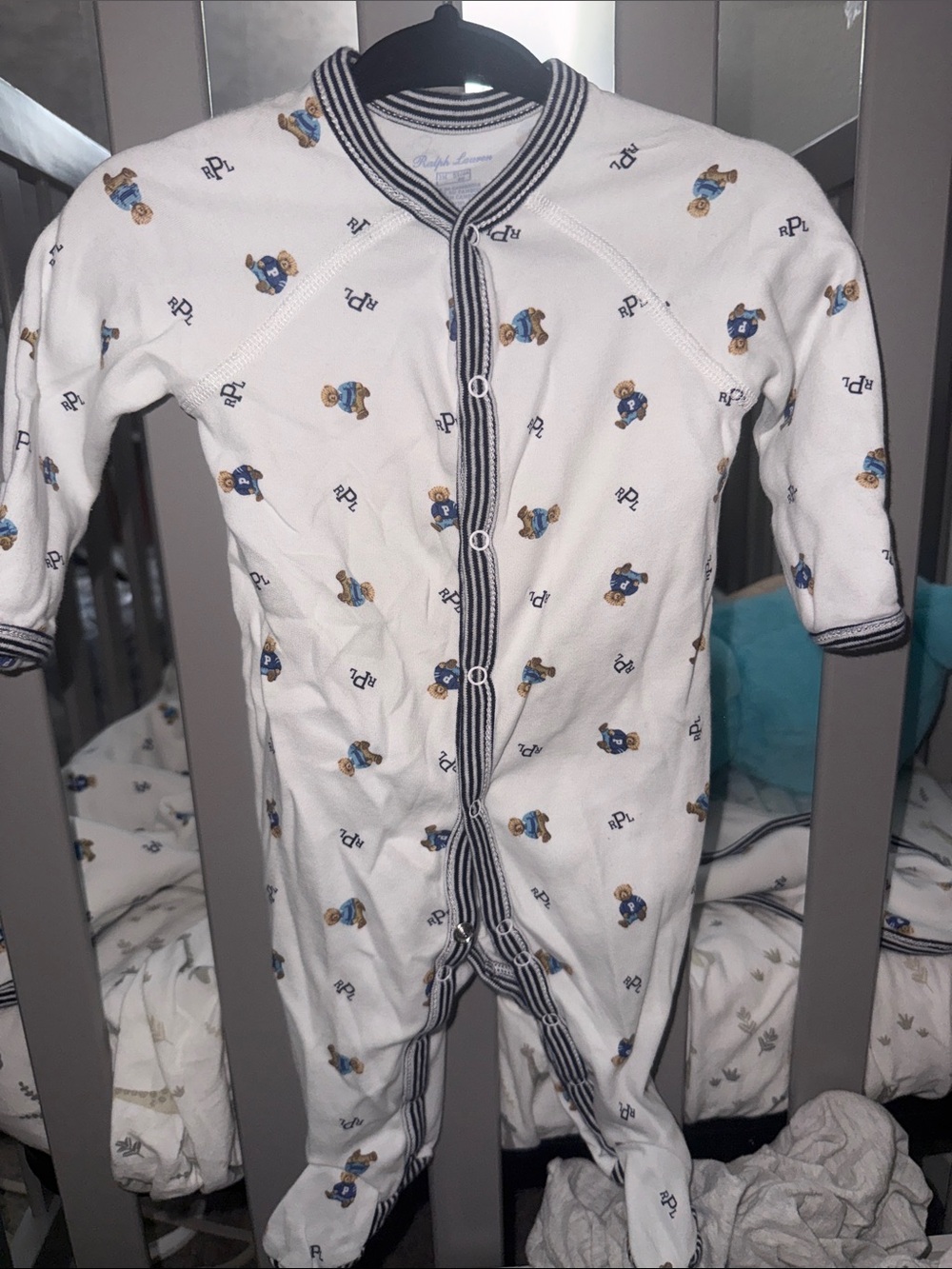 Baby Ralph LaurenOne-Piece Footed Pajamas in White with Navy Trim